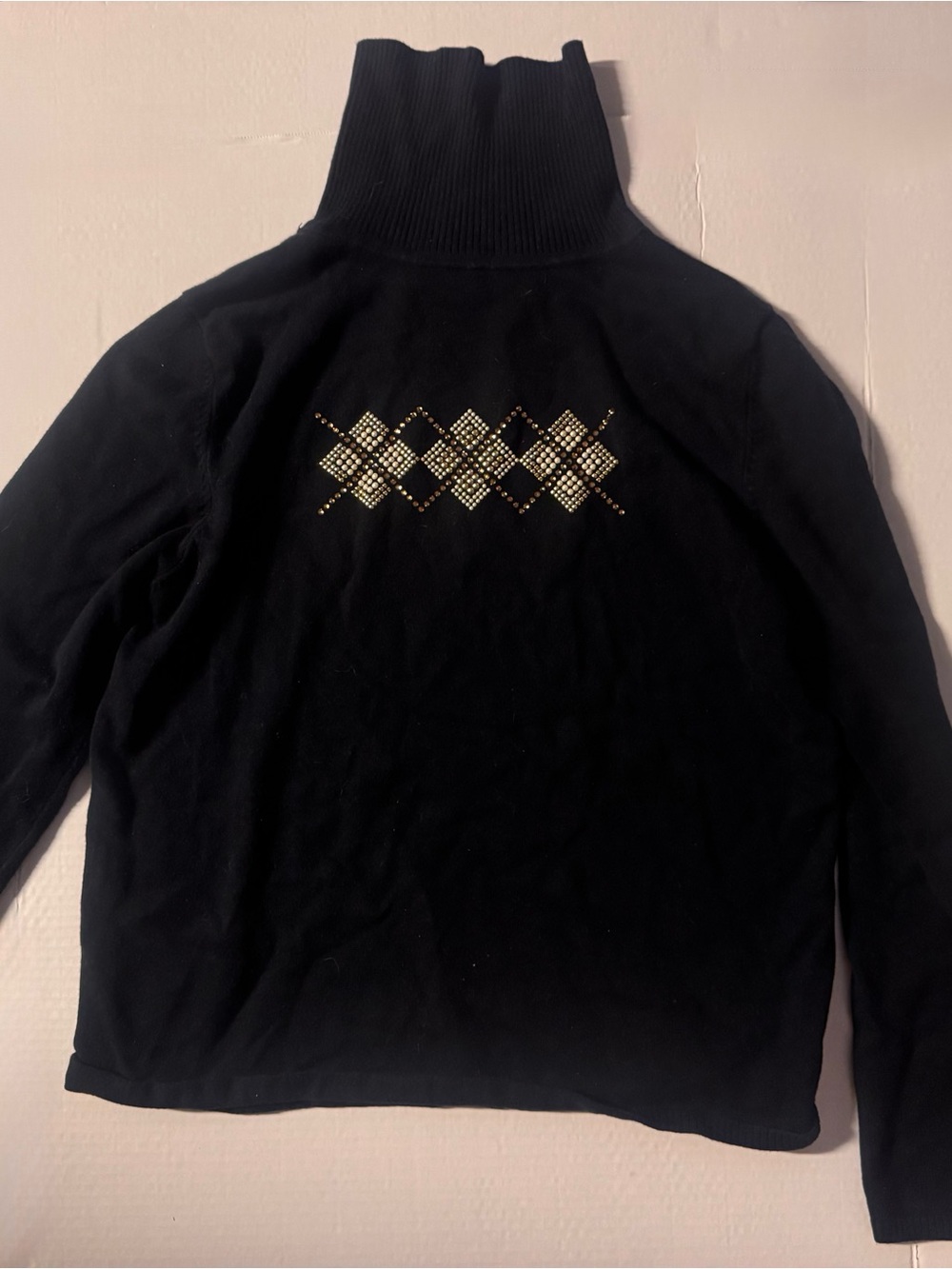 Christine Alexander Black Turtleneck Sweater with Gold Stud Argyle